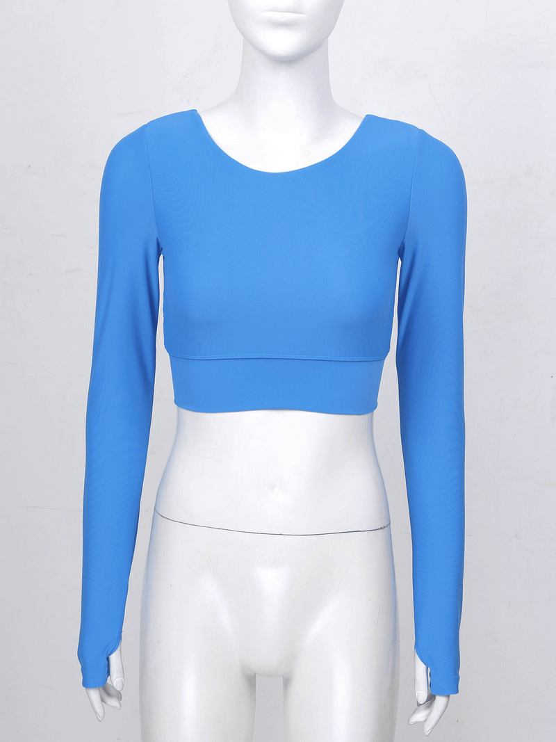 Blue sports seamless long sleeves cropped top with back cross strappy, featuring O-neck collar, perfect for an active lifestyle.
